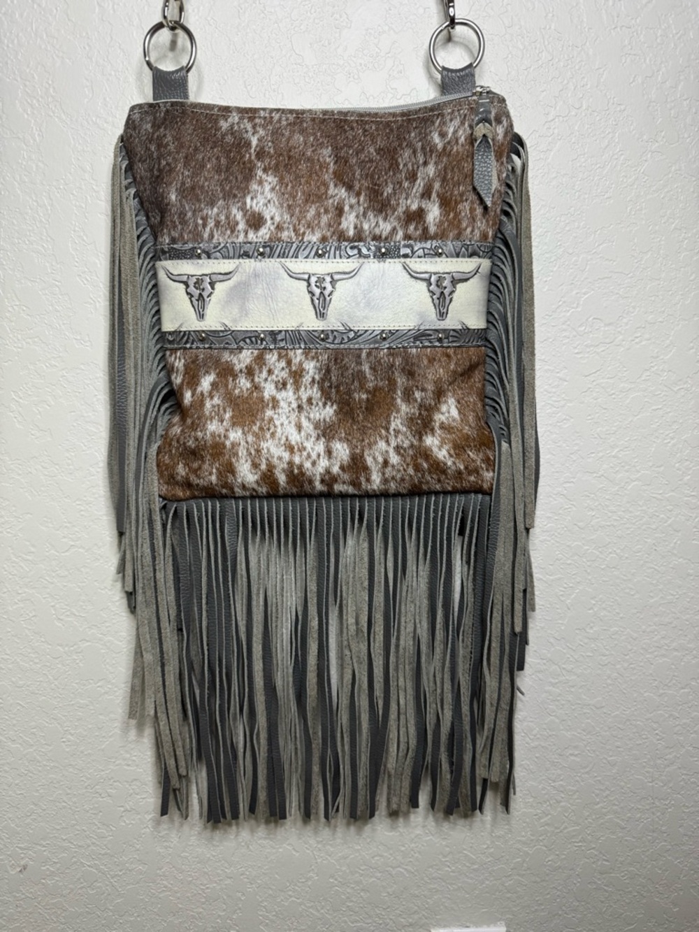 Fringe Crossbody Leather Cowhide Bag Longhorn Skull Accents Gray